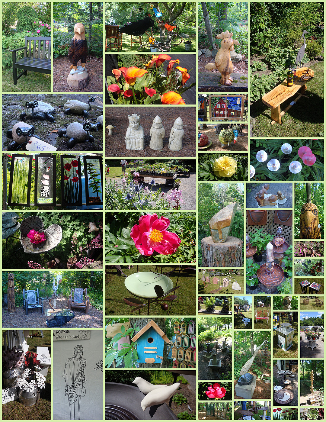 multiple photos of art in the garden