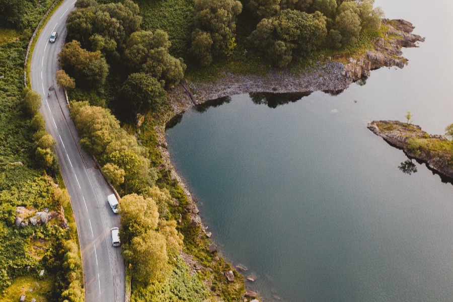 Road adjacent to lake