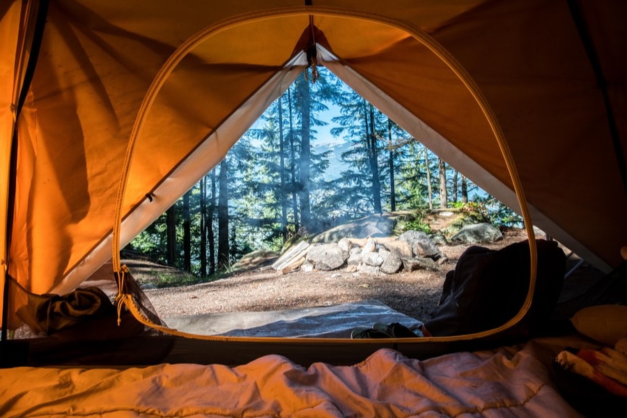 looking out the door of a tent