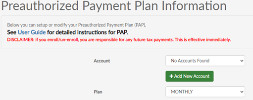 Preauthorized Payment Plan Information setup screen
