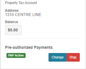 Property Tax Account Preauthorized payment screen