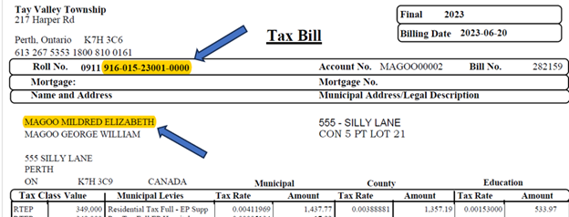 top part of a property tax bill showing roll number and property owner