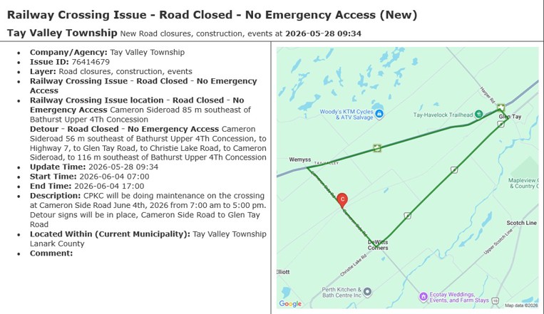 Railway Crossing Temporary Closure - Cameron Side Road